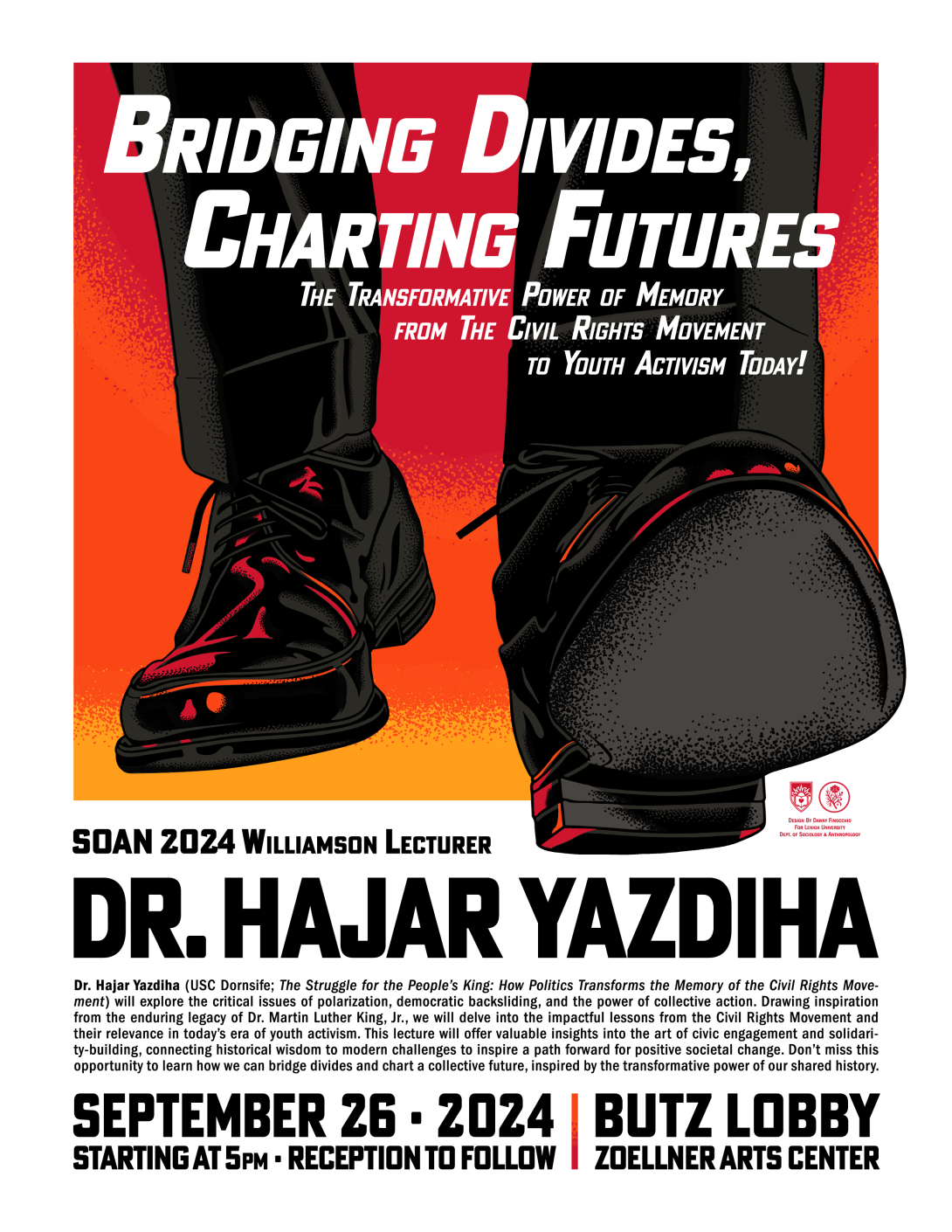 Poster announcing Dr Yazdiha as WIlliamson Lecturer on September 26, 2024 at 5 pm n Zoellner Arts Center