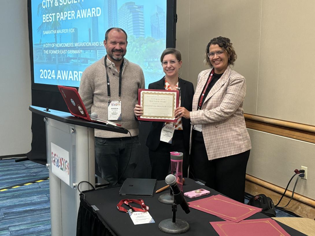 Dr Samantha Fox is pictured with City and Society editor Kristin Monroe and Executive Editor Andrew Newman